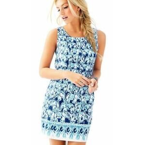 NWT Lilly Pulitzer Cathy Bomber Blue Get Trunky Engineered Elephant Shift Dress